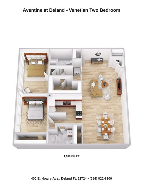 Floor plan for 2 beds, 2 baths, 1100 sqft